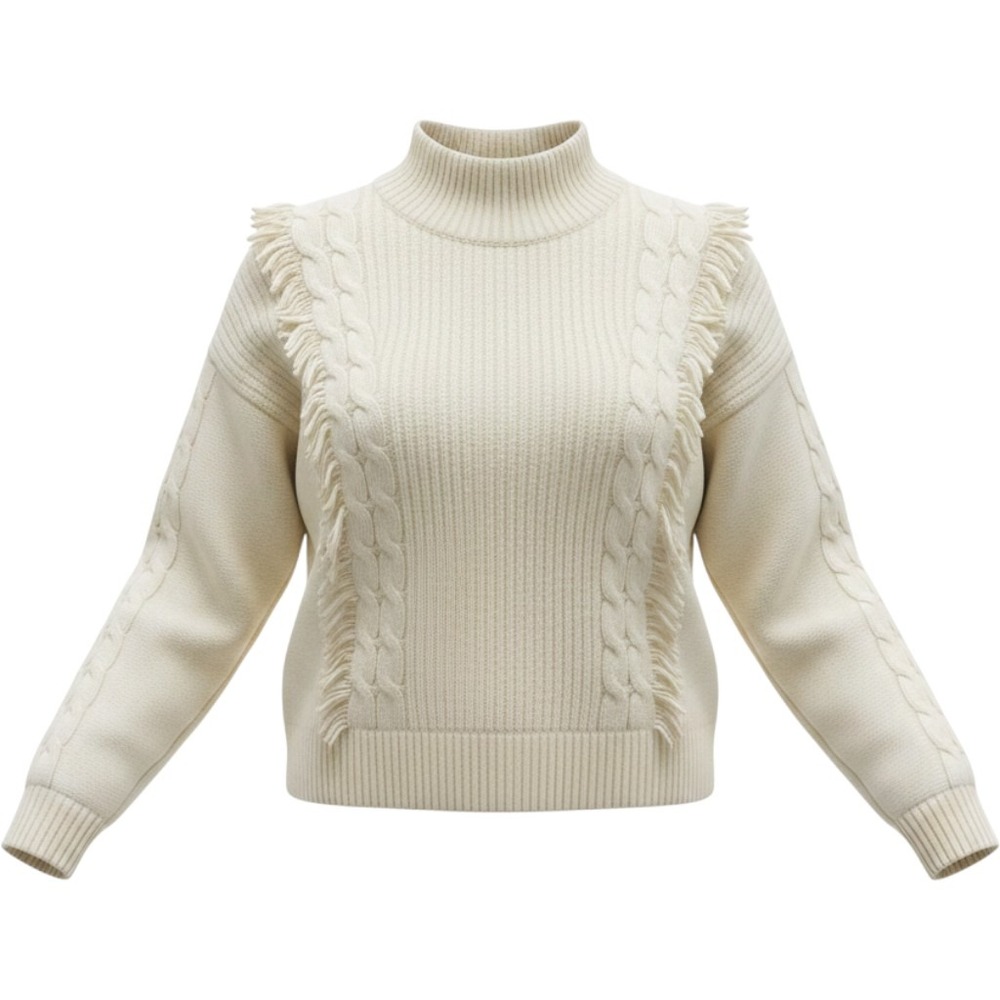 Reitmans Sweater Womens XL Cream Cable Knit Fringe Mock Neck Long Sleeve